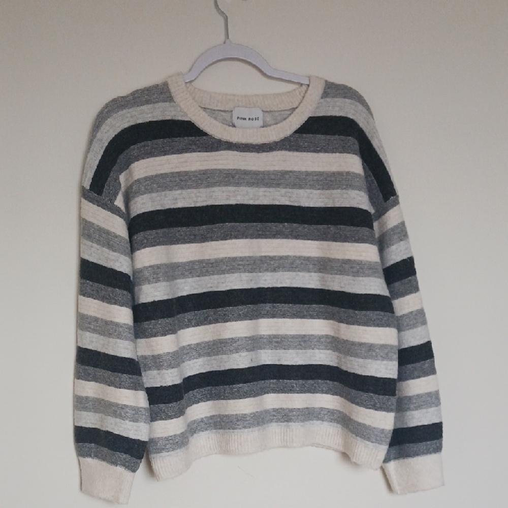 Pink Rose Striped Black and Cream Sweater